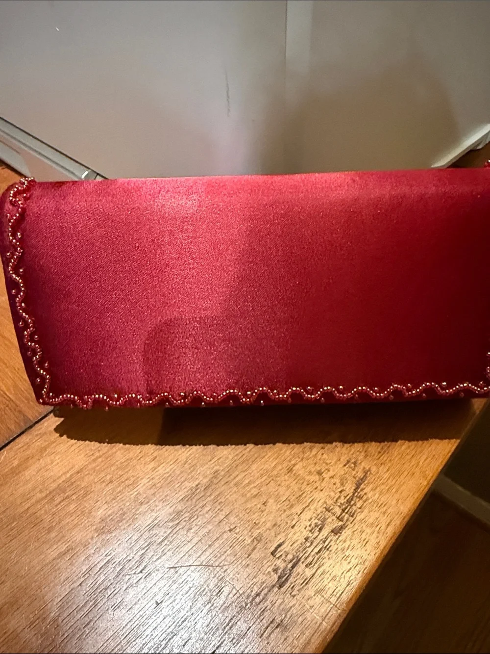 Red Satin Evening Clutch Bag with Beaded Trim